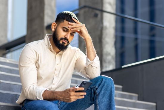 Man met baard zit op trap gebouw en tuurt treurig op zijn mobiele telefoon 